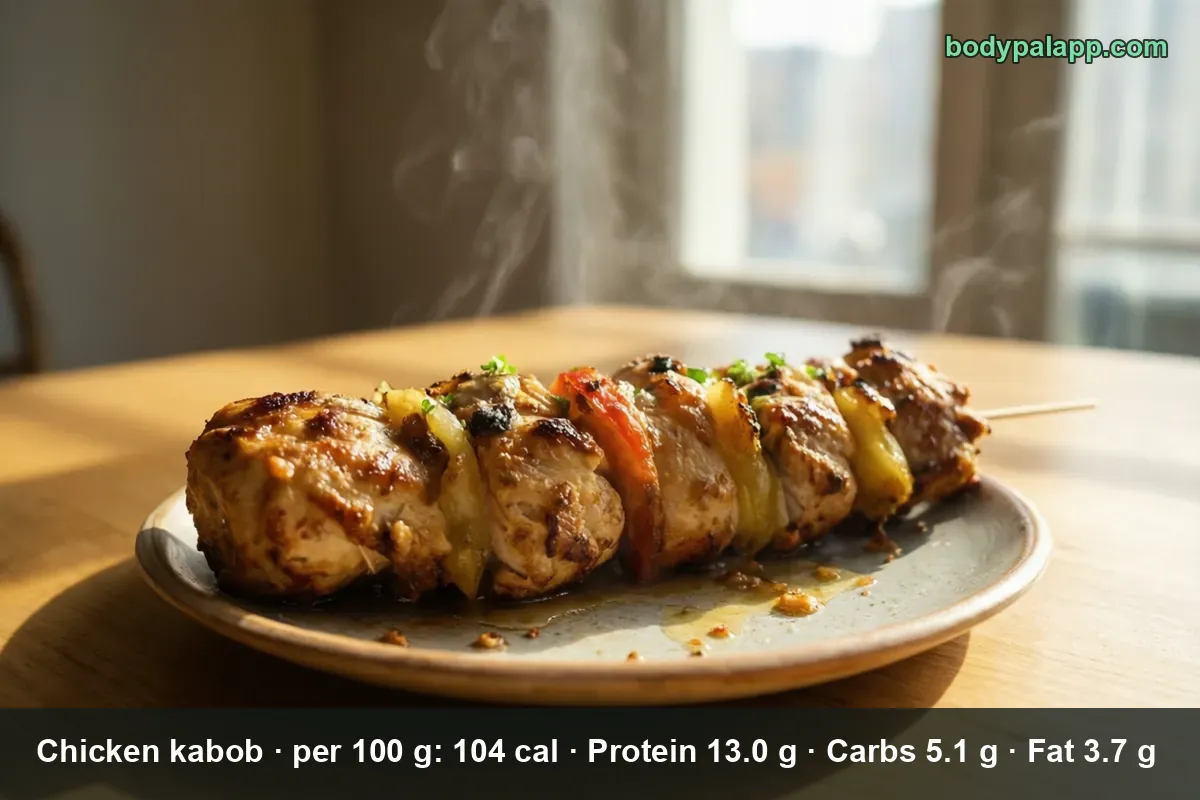 One chicken kabob skewer with grilled chicken chunks, red and green pepper and onion on a plate, steam rising.