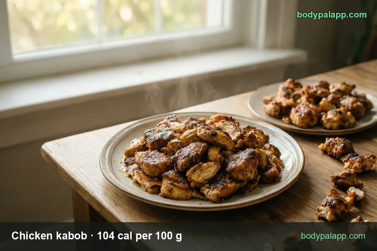 Grilled chicken kabob pieces off the skewer on a plate; chips 1 shish kabob (202 g) 210 cal and 1 cup (154 g) 160 cal.