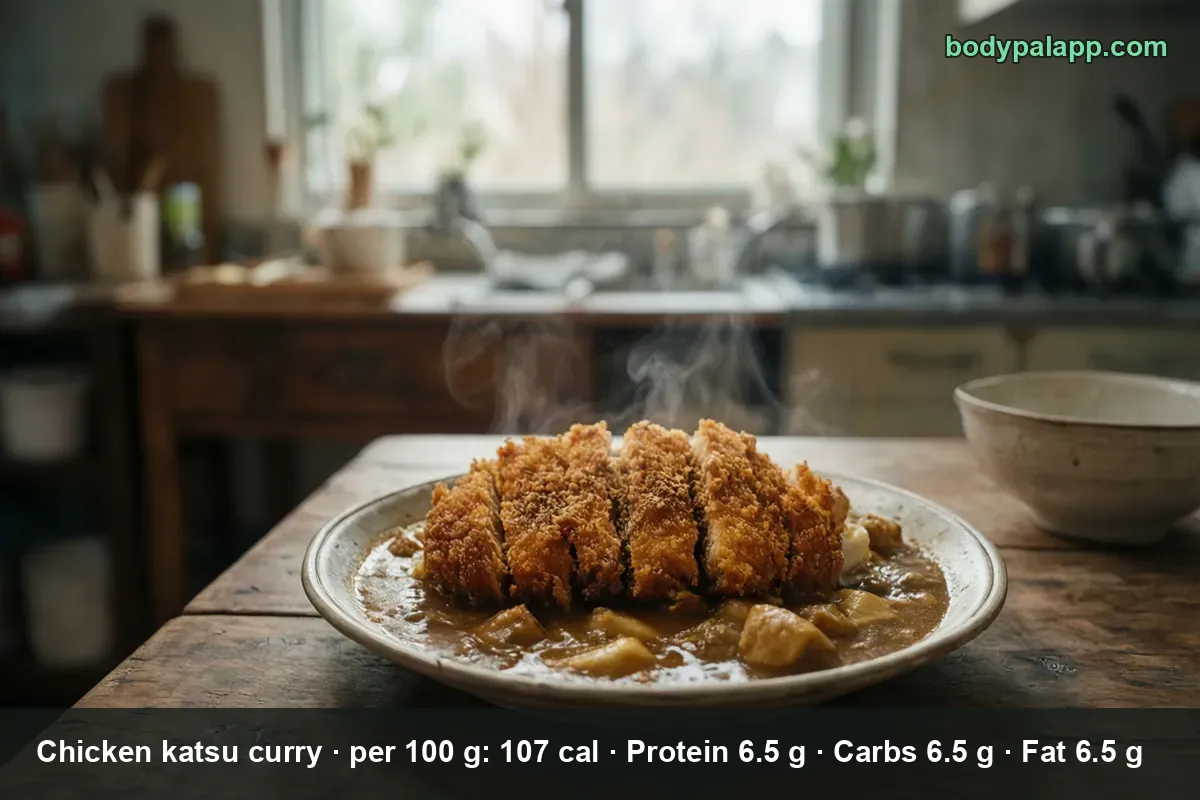 Sliced chicken katsu cutlet on Japanese curry sauce with potato and vegetable pieces, steaming