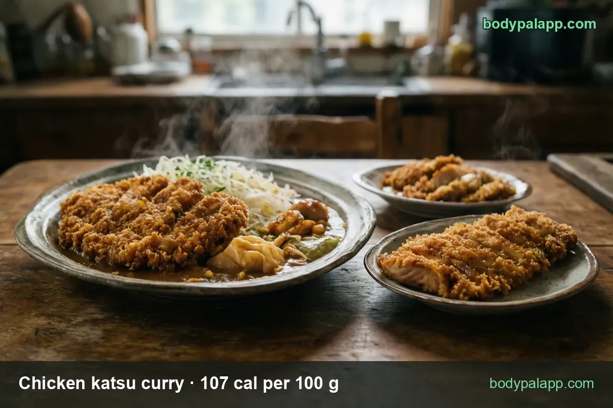 Plate of sliced katsu with curry sauce, potato and shredded cabbage plus two plates of plain katsu; 1 cup 257 cal, 360 g 385 cal