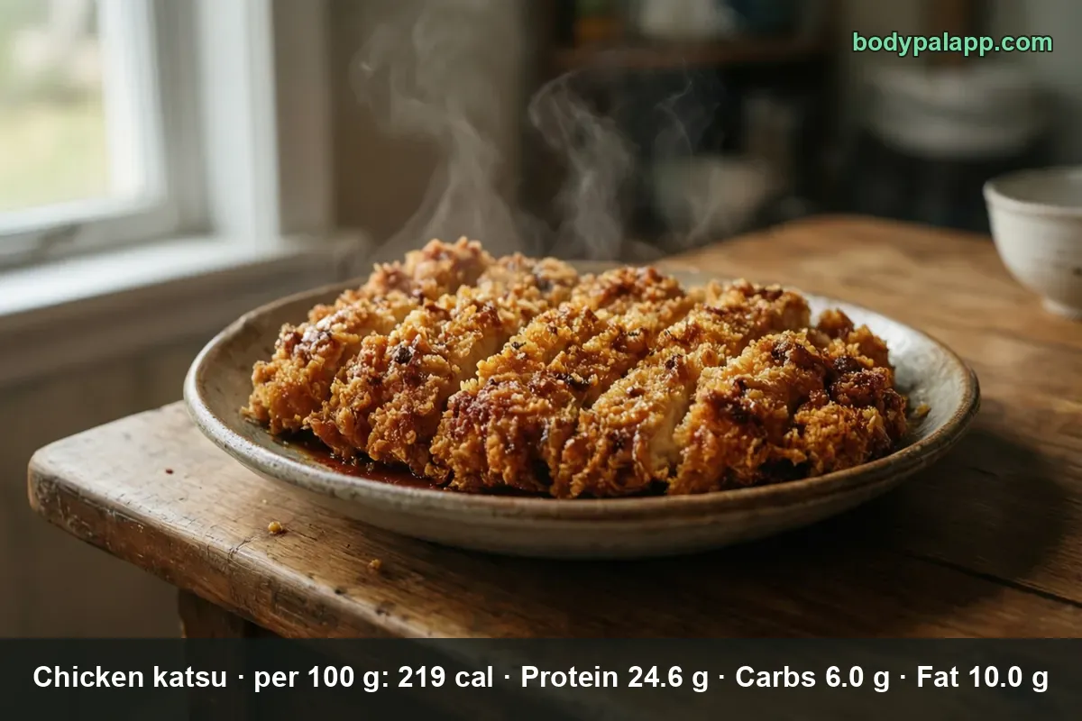 Whole chicken katsu cutlet sliced into strips on a plate with katsu sauce underneath and steam rising.