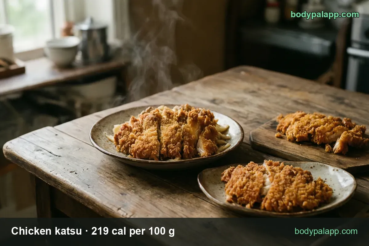 Bowl of sliced chicken katsu over cabbage, plate of sliced katsu and a board with another cutlet; 1 cutlet 165 g, 1 cup 135 g.