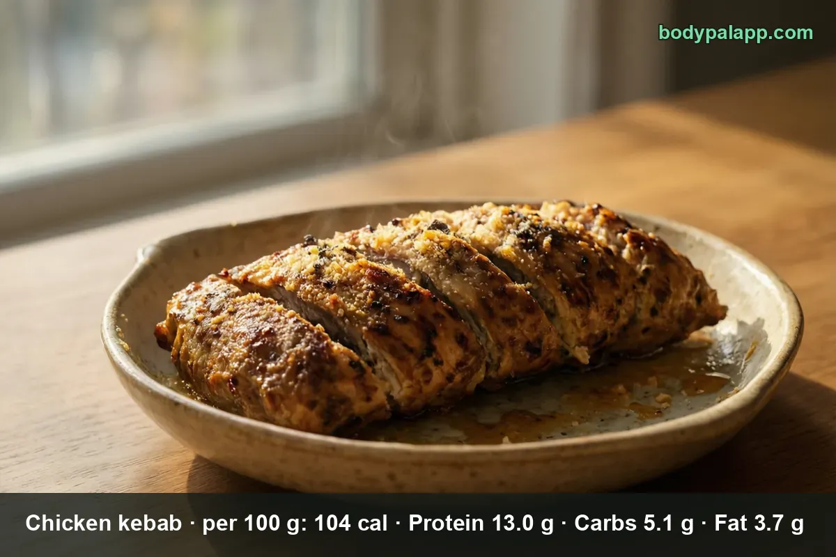 One long ground-chicken kebab cut into six segments, served on a plate