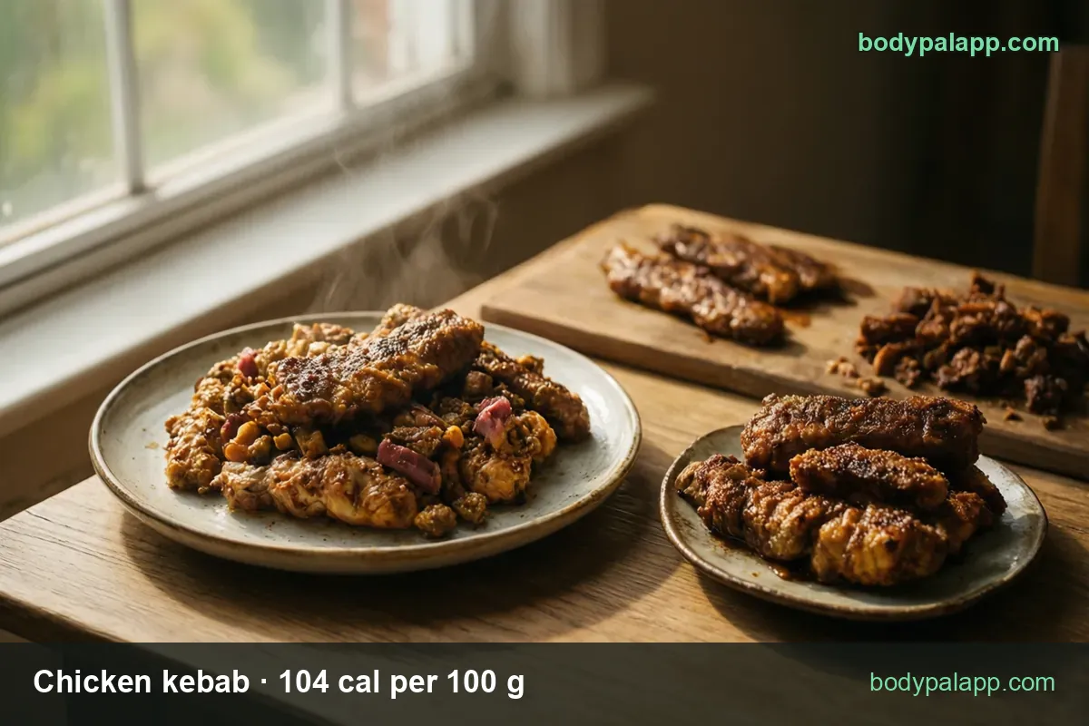 Sliced ground-chicken kebab with onion, three whole kofta, two more on a board; 1 shish kabob (202 g) 210 cal, 1 cup (154 g) 160 cal