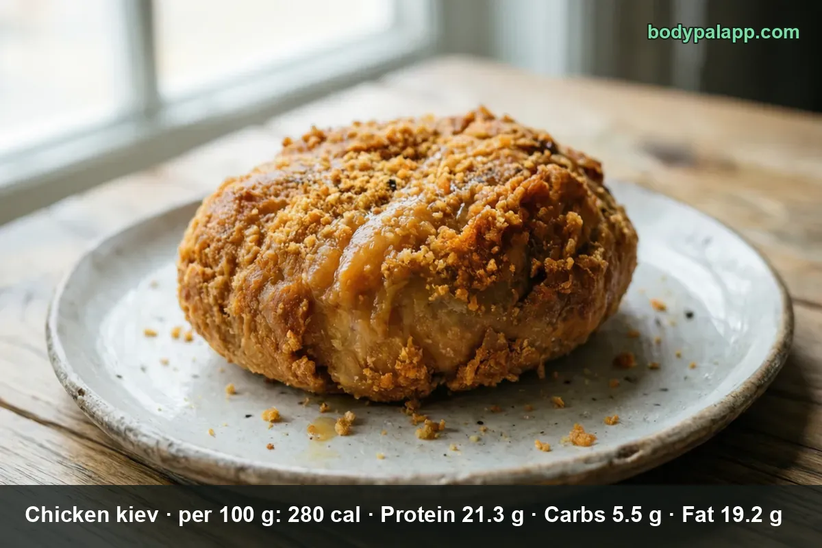 Whole round breaded chicken kiev with a crisp golden crust on a plate, uncut.