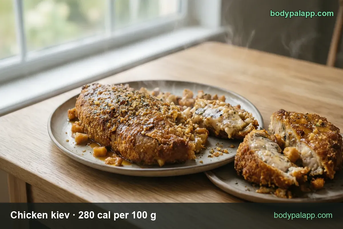 Breaded chicken kiev with a broken piece showing creamy filling and a cut kiev on a second plate; 1 breast 258 g 722 cal, half 129 g 361 cal.
