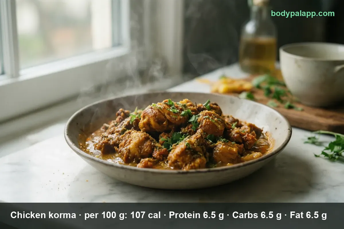 Deep bowl of chicken korma, chicken pieces in a brownish-orange curry sauce with parsley and rising steam.