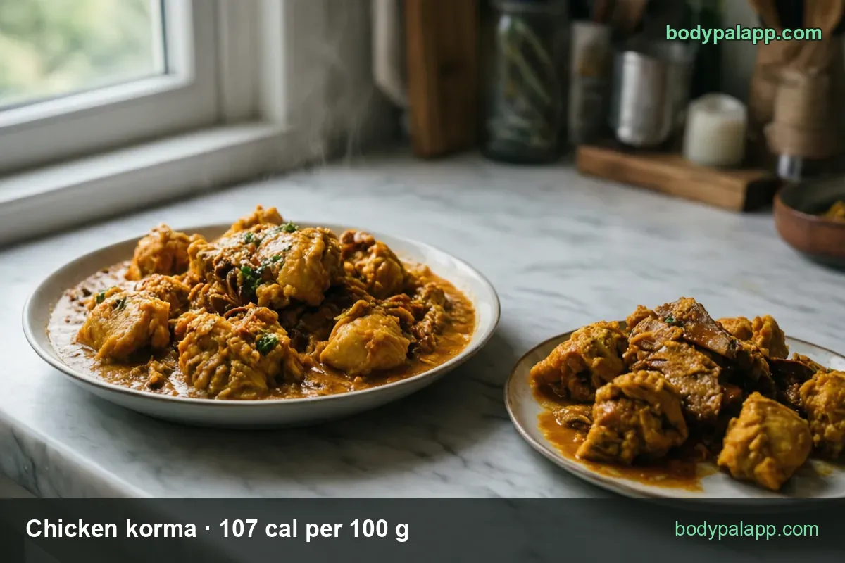 Large plate of chicken korma in creamy orange sauce with green onion plus a small plate of five pieces; 1 cup 257 cal, 1/2 cup 128 cal.