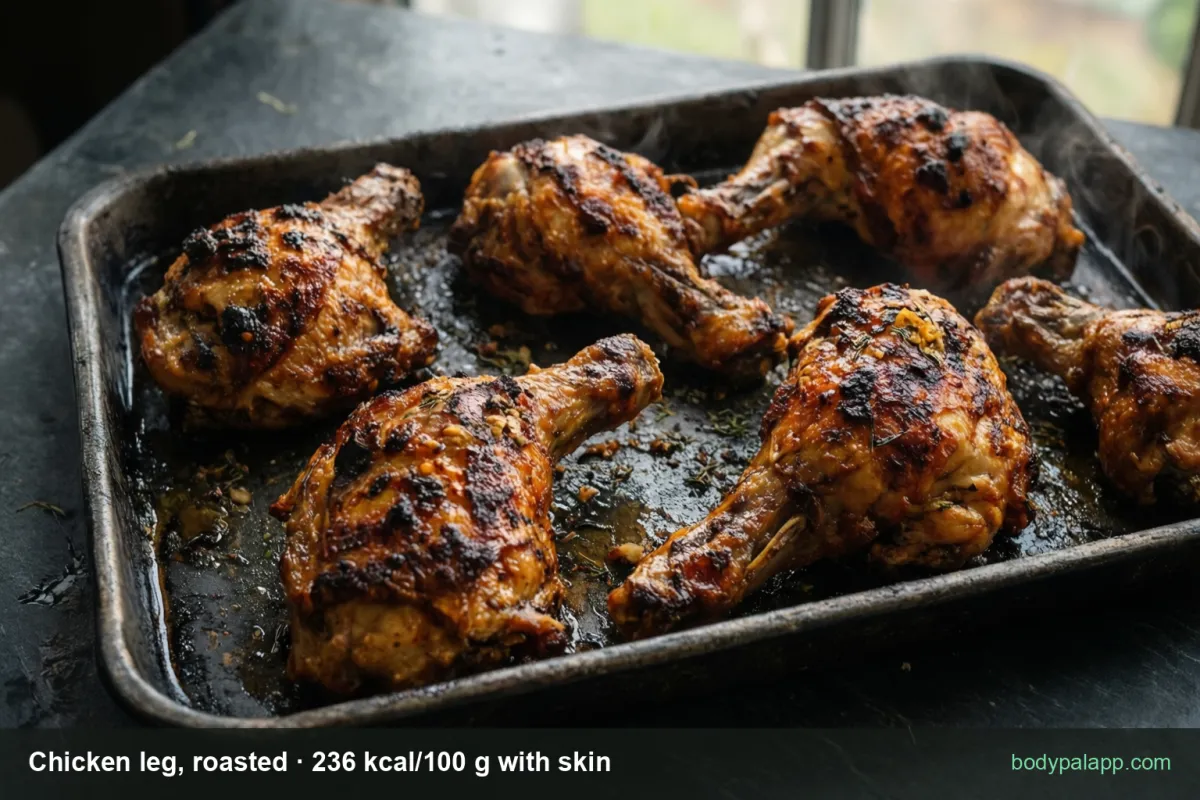 Chicken leg - 236 kcal per 100 g roasted
