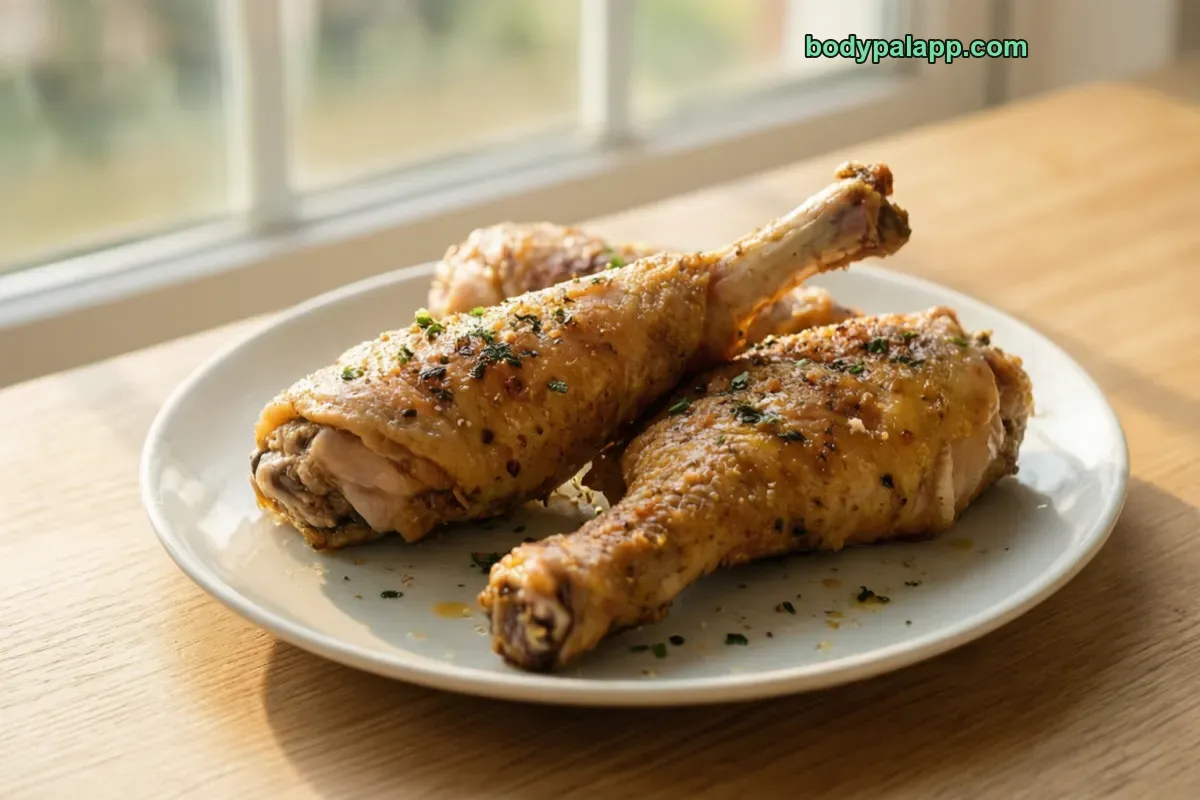Skinless chicken leg, roasted, meat only