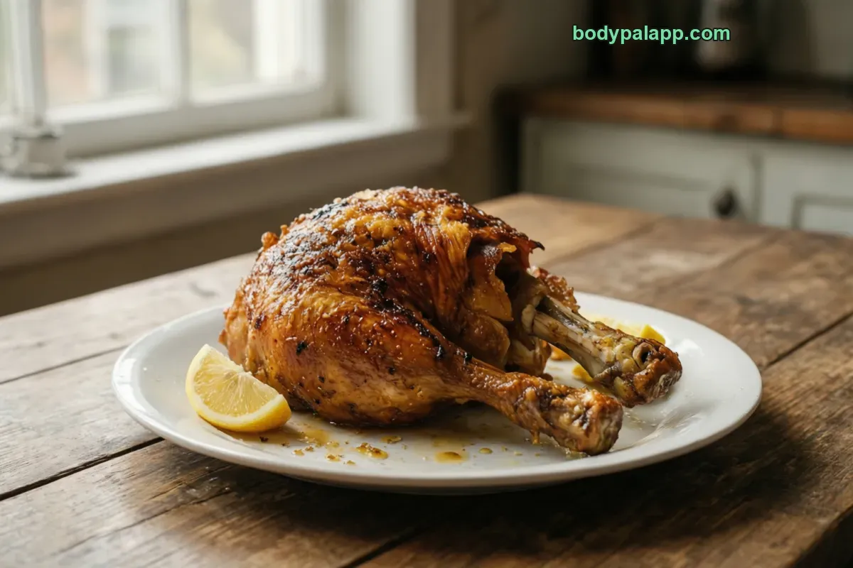 Chicken leg, roasted, meat and skin