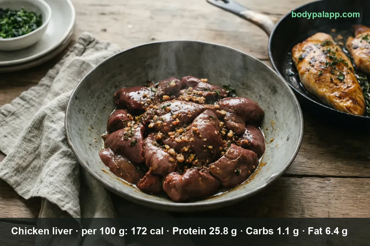 Bowl of sauteed chicken livers in garlic sauce with a pan of chicken fillet behind it.