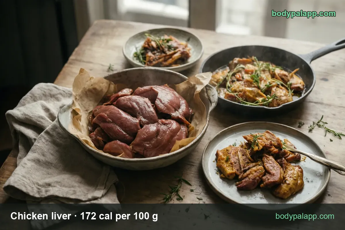 Bowl of raw chicken livers and a cast iron pan of cooked livers with rosemary; 3 oz cooked (85 g) 146 cal, 1 liver (44 g) 76 cal.