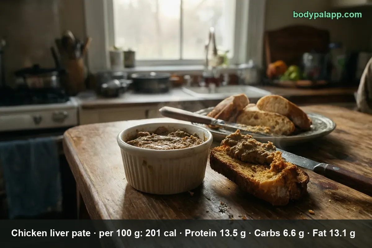 Chicken liver pate in a ramekin, a slice of toast spread with pate, a plate of four bread slices and a knife.