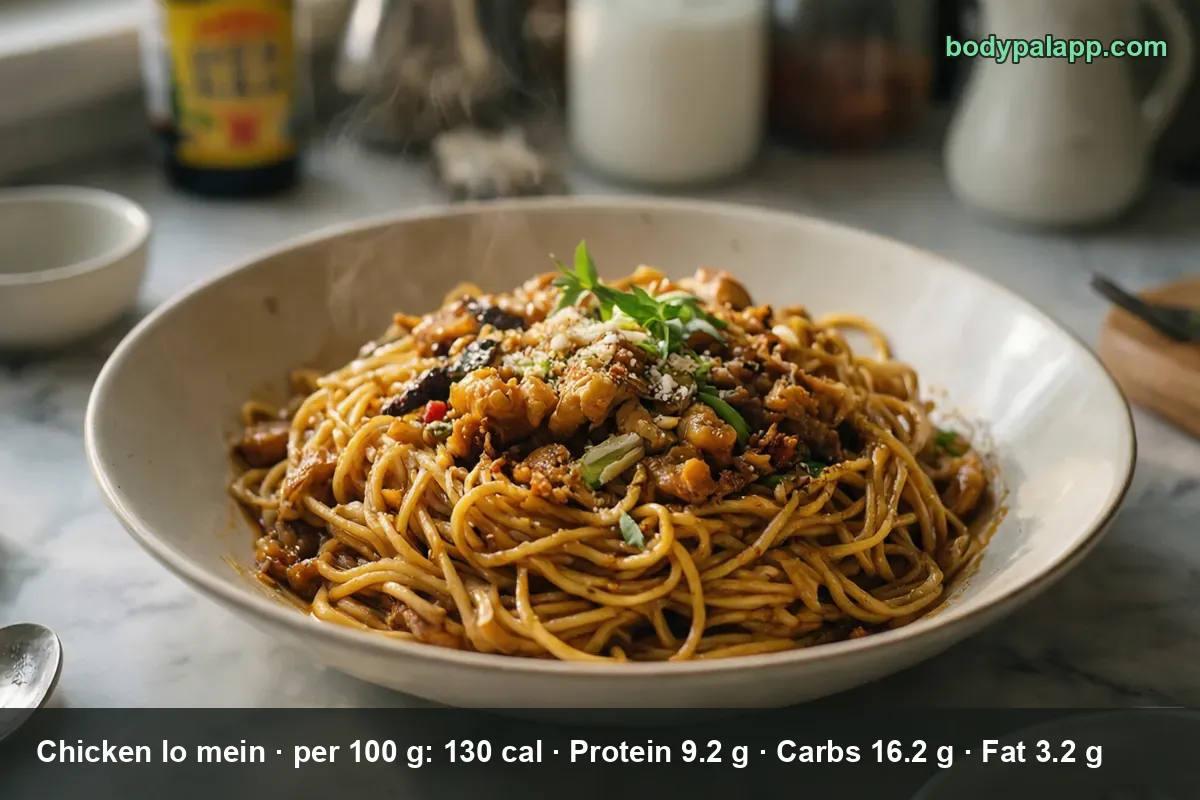 Deep bowl of steaming chicken lo mein with round egg noodles and chicken pieces, blurred yellow-label soy sauce bottle behind.