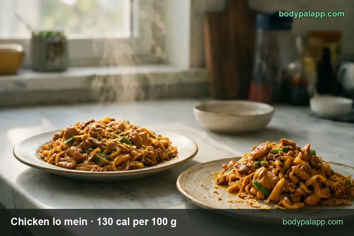 Two plates of chicken lo mein with egg noodles, chicken, green onion and sesame seeds; 1 cup (200 g) 260 cal and 1 1/2 cups (300 g) 390 cal.
