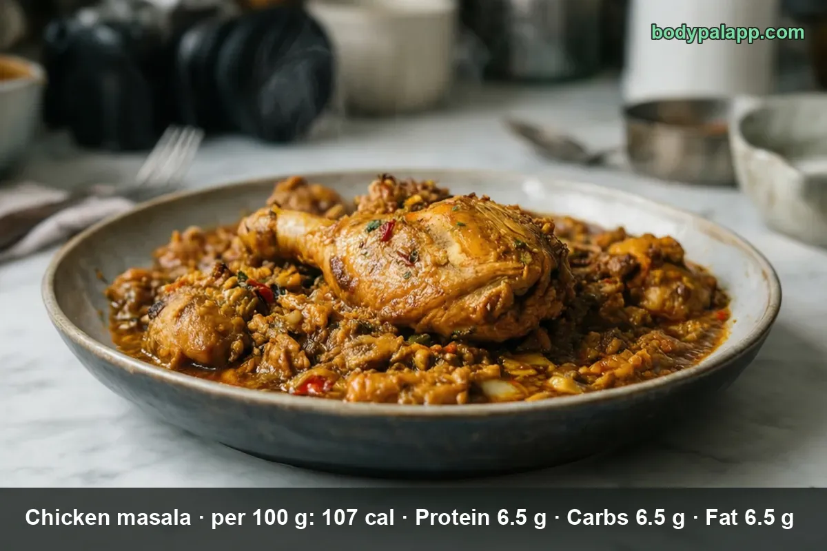 Chicken masala: a plate with a chicken leg and chicken pieces in thick brown-orange masala sauce.