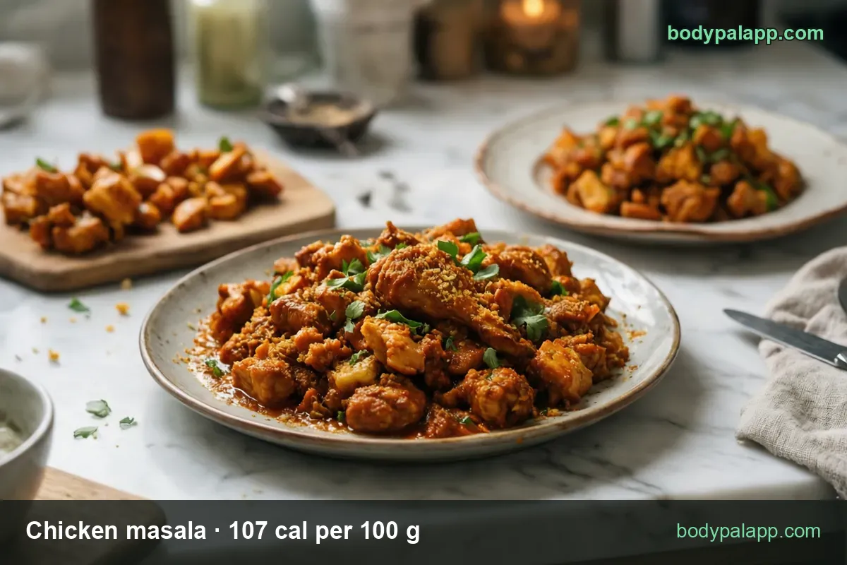 Plate of chicken pieces in red-orange masala sauce with cilantro; 1 cup (240 g) 257 cal and 1/2 cup (120 g) 128 cal.