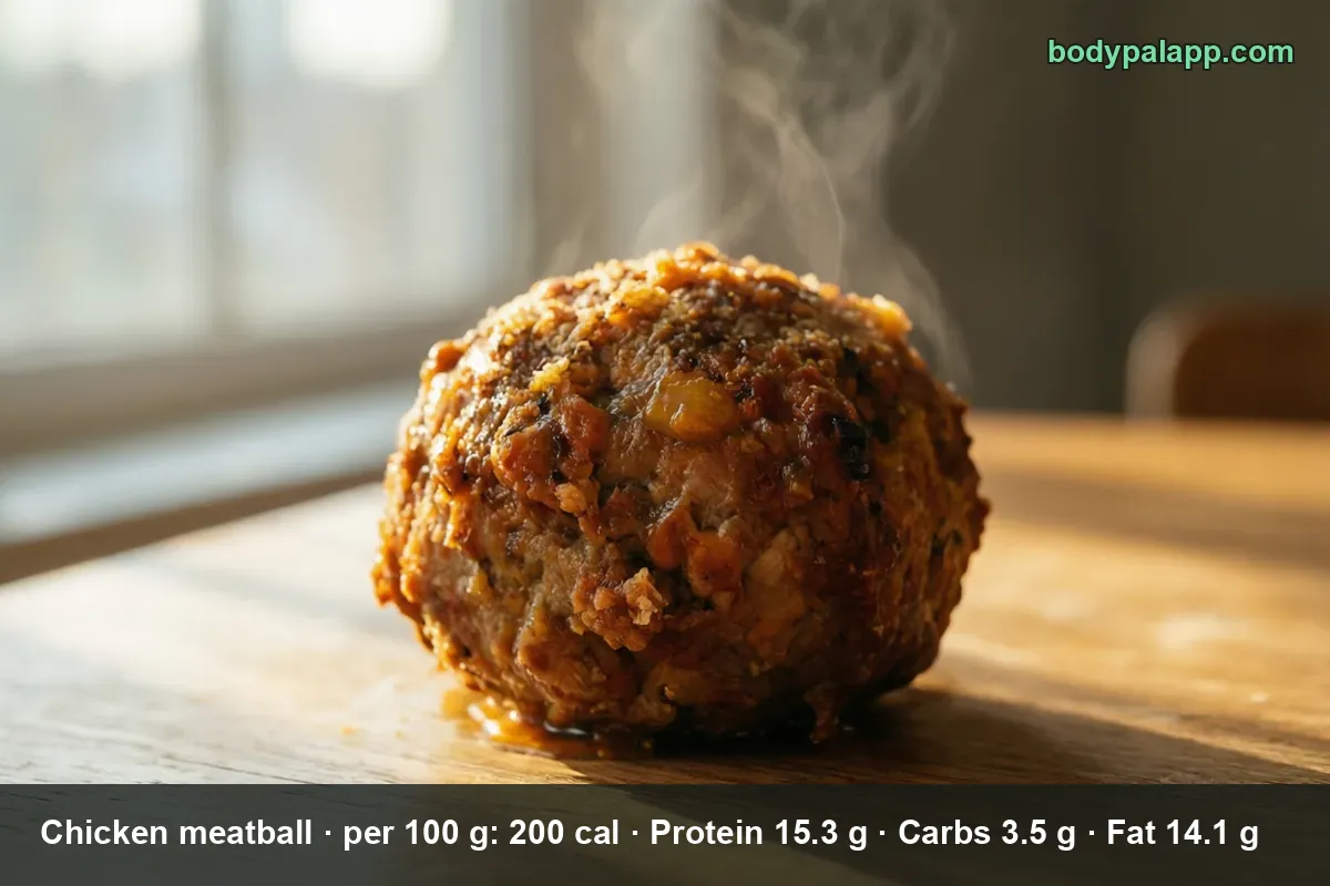 Close-up of one browned chicken meatball on a wooden table with steam rising from its dark, craggy surface