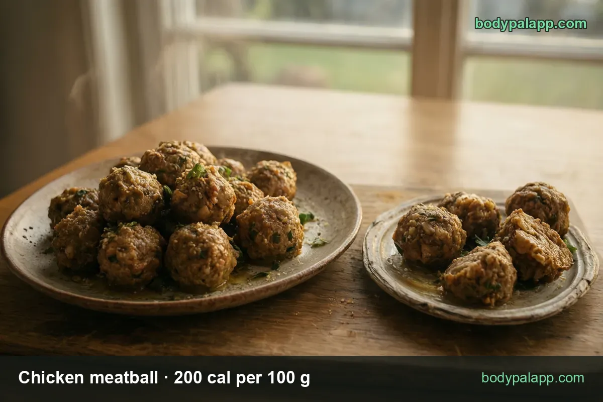 Plate of chicken meatballs with parsley and sauce next to a small plate of 4 meatballs, 85 g at 170 cal and one meatball at 42 cal