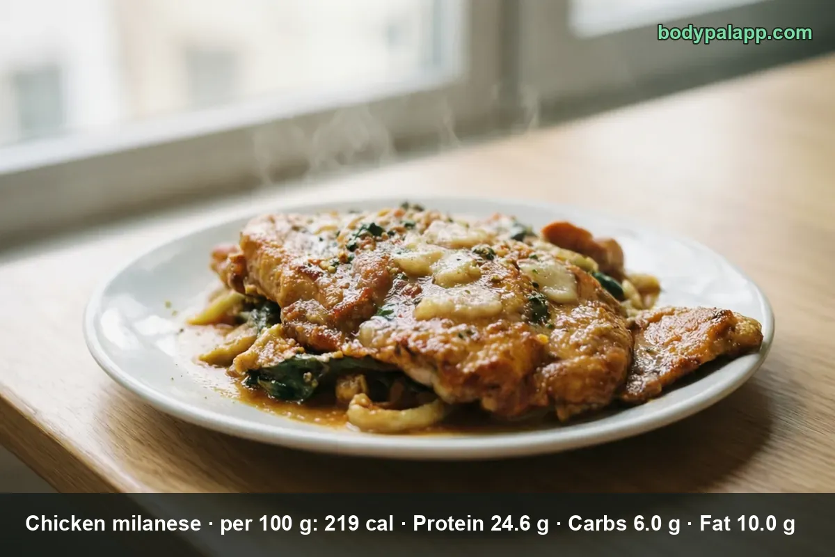 Breaded chicken fillet topped with melted cheese, sauce and spinach, parmigiana style