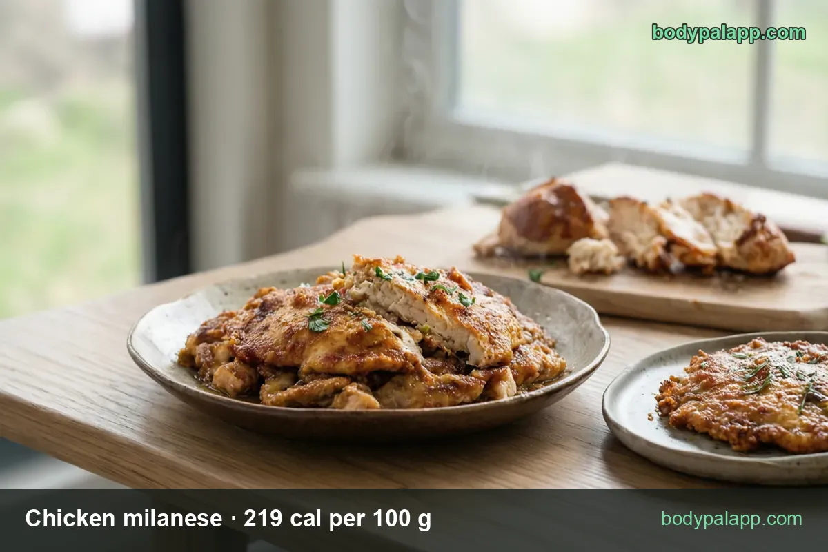 Two breaded chicken cutlets with sliced pieces behind; chips 1 medium breast (165 g) 361 cal and 1 medium slice (60 g) 131 cal