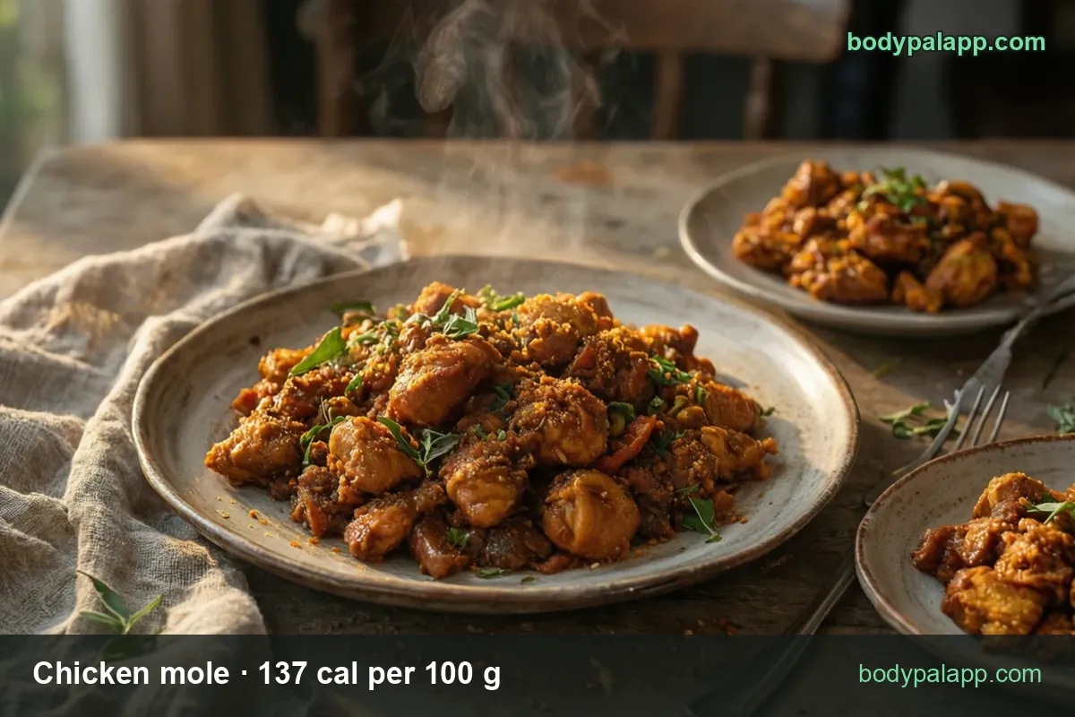 Chicken pieces in thick brown mole sauce with basil leaves; chips show 1 cup (244 g) 334 cal and 4 oz (113 g) 155 cal.