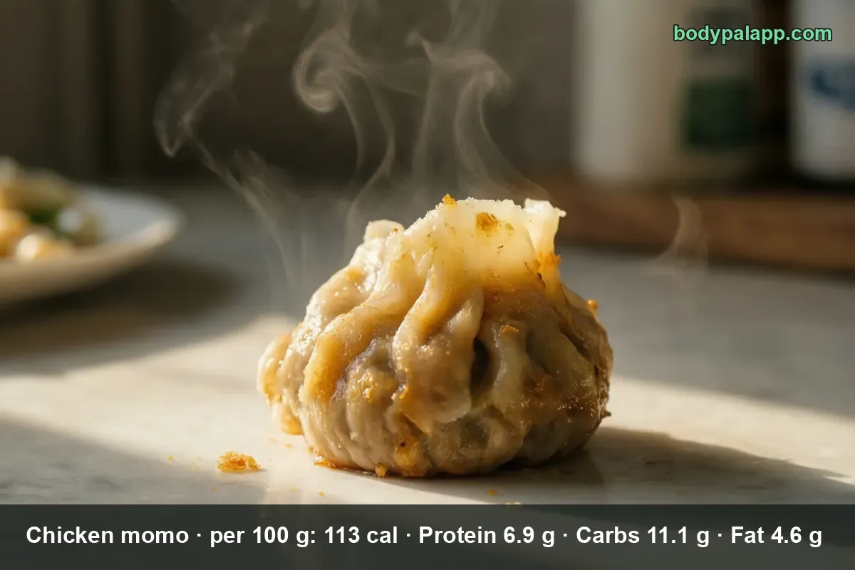 Single steamed chicken momo with pleated dough top on a marble surface, macro close-up with rising steam