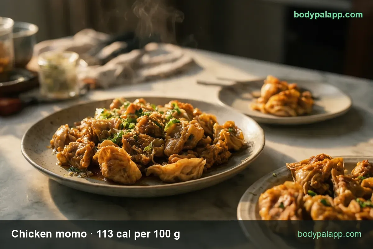 Plate of fried chili chicken momo in brown sauce with spring onion, two more plates behind; 1 momo 28 cal, 6 momos 170 cal