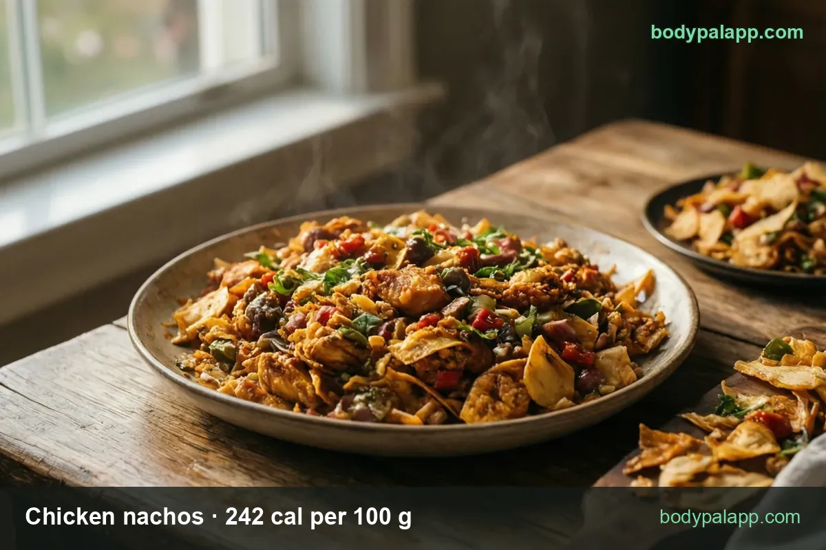 Plate of tortilla chips with chicken, olives, tomato, beans and herbs; 1 order 250 g is 605 cal, 1 cup 135 g is 327 cal