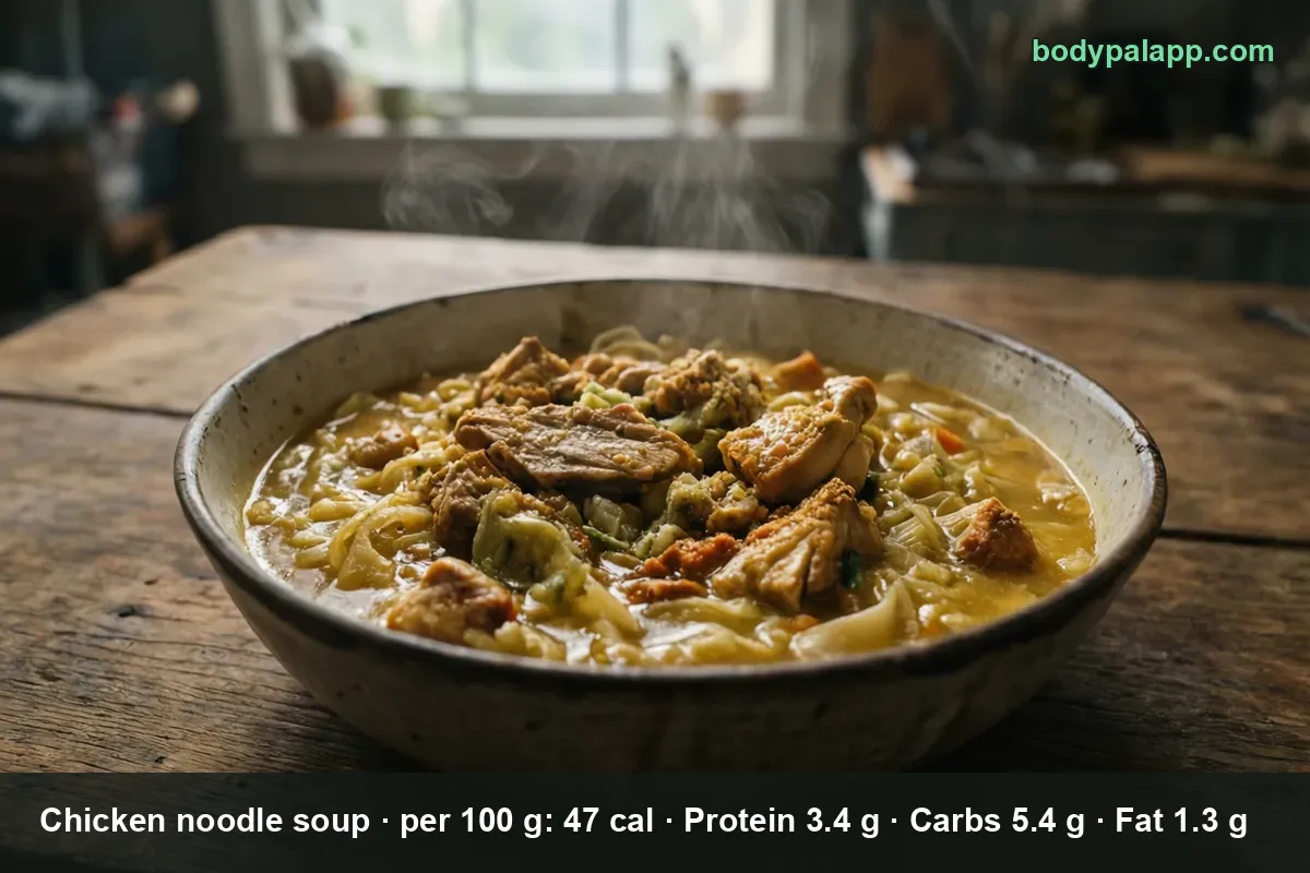 Bowl of thick chicken noodle soup with large chicken pieces and flat egg noodles, steaming