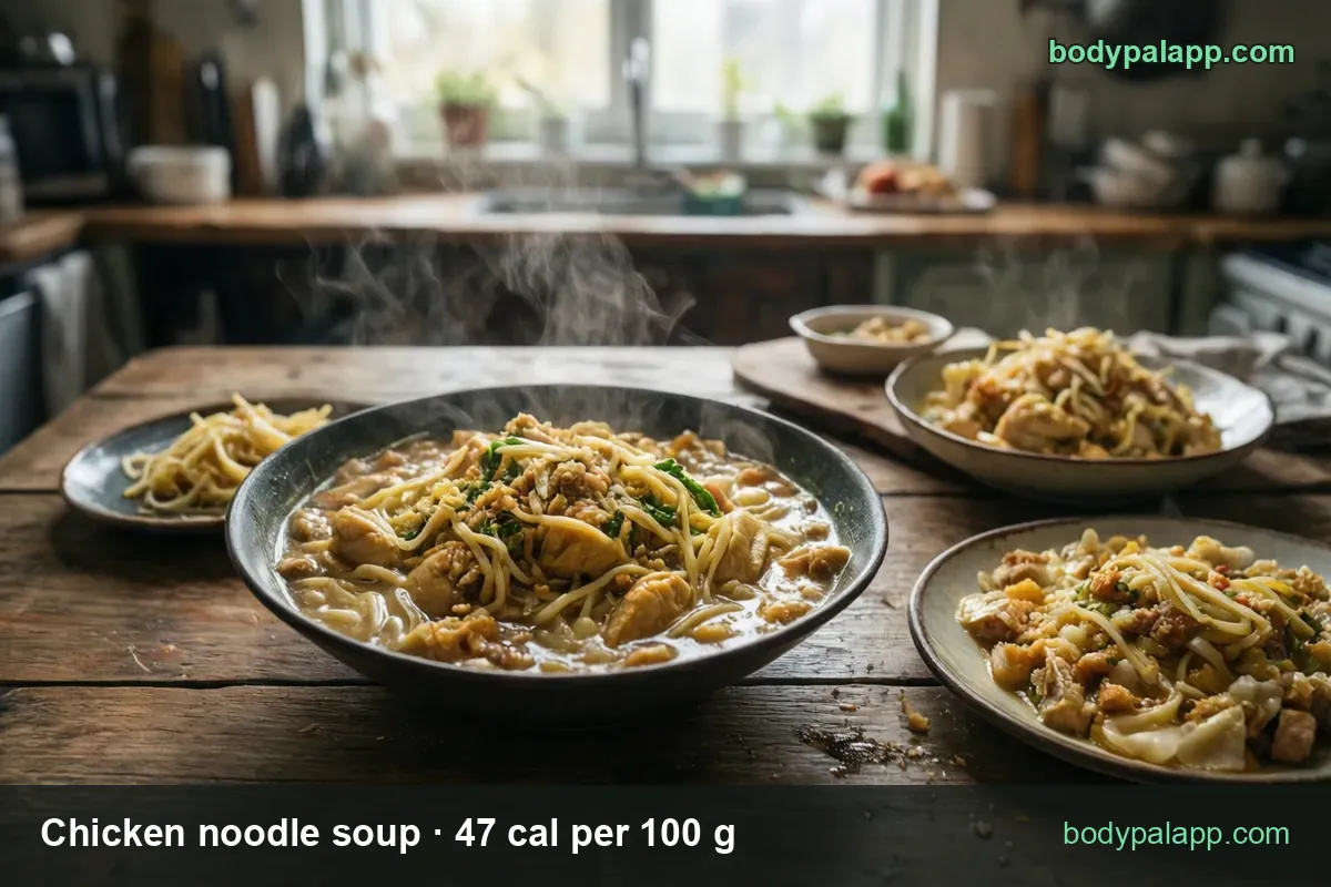 Thick chicken noodle soup in a bowl beside three small dishes of noodles and chicken; 1 cup 114 cal, 1 can 247 cal