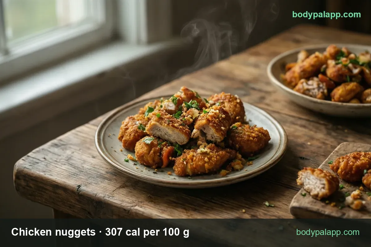 Breaded chicken nuggets on a plate, labeled 8 nuggets (128 g) 393 cal and 5 nuggets (80 g) 246 cal.