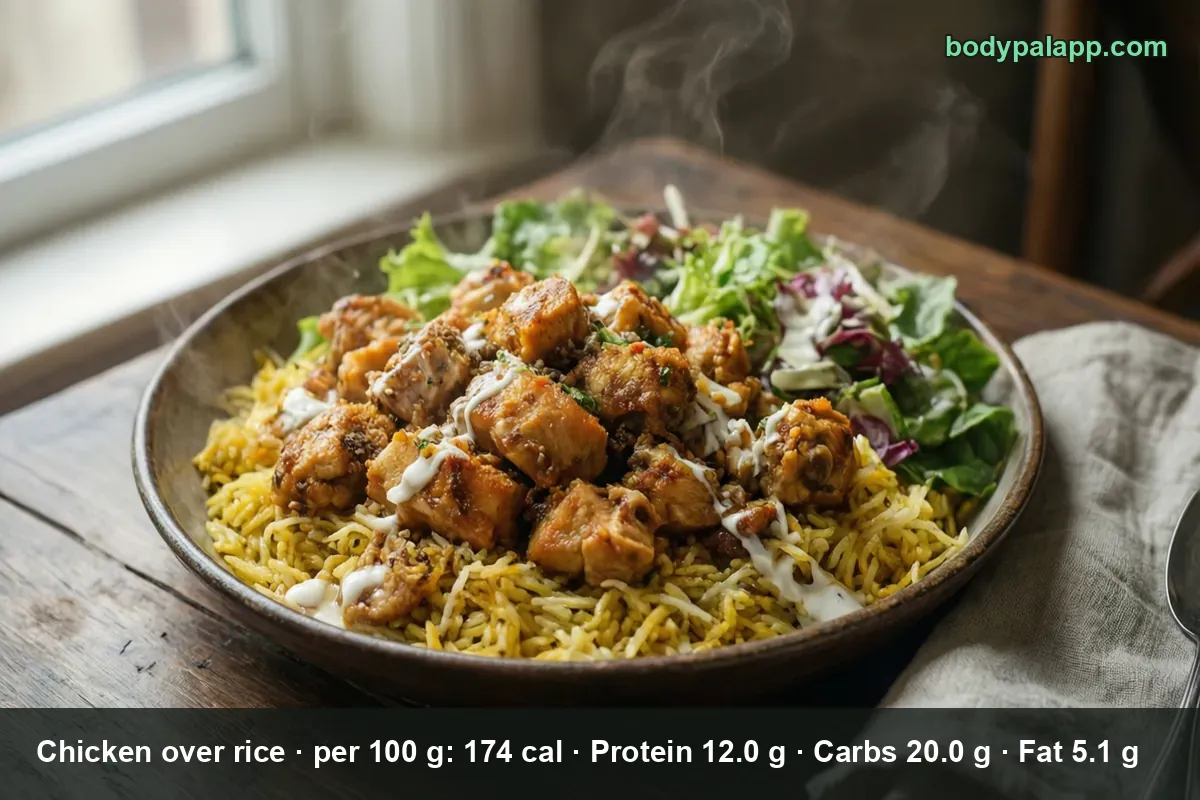 Halal-cart style bowl of yellow rice topped with chicken cubes, plenty of white sauce and green salad, steam rising