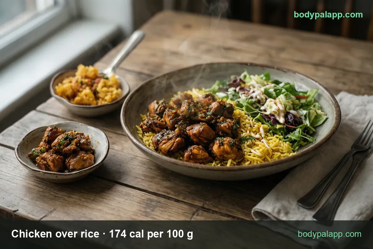Big bowl of yellow rice, chicken pieces in sauce and salad with two small side bowls; chips show 1 platter 454 g and 8 oz bowl 227 g