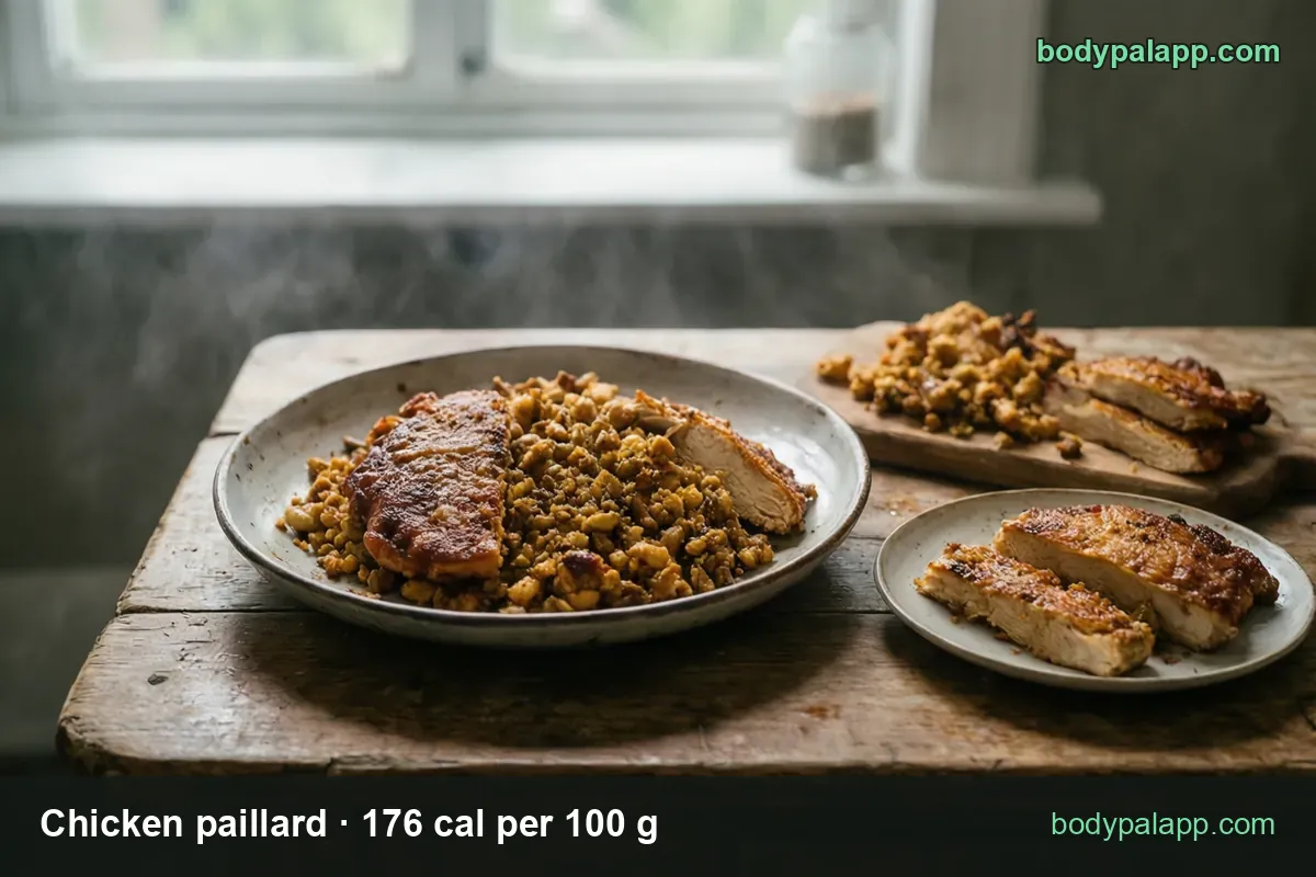 Chicken paillard on a shallow plate with chopped chicken, a board with two more cutlets behind; chips read 1 cutlet 113 g and 3 oz 85 g.