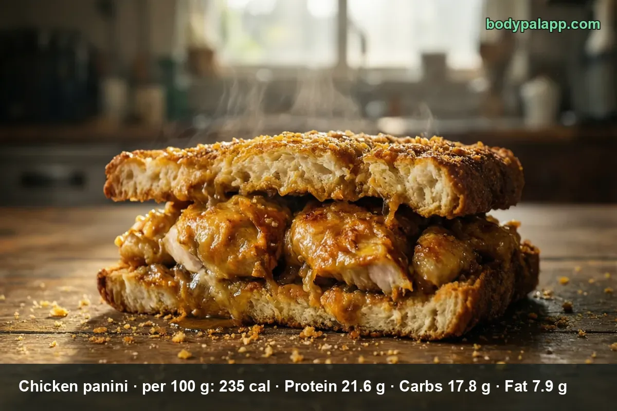 Whole ciabatta chicken panini section filled with chicken pieces and melted cheese, crumbs on the table.