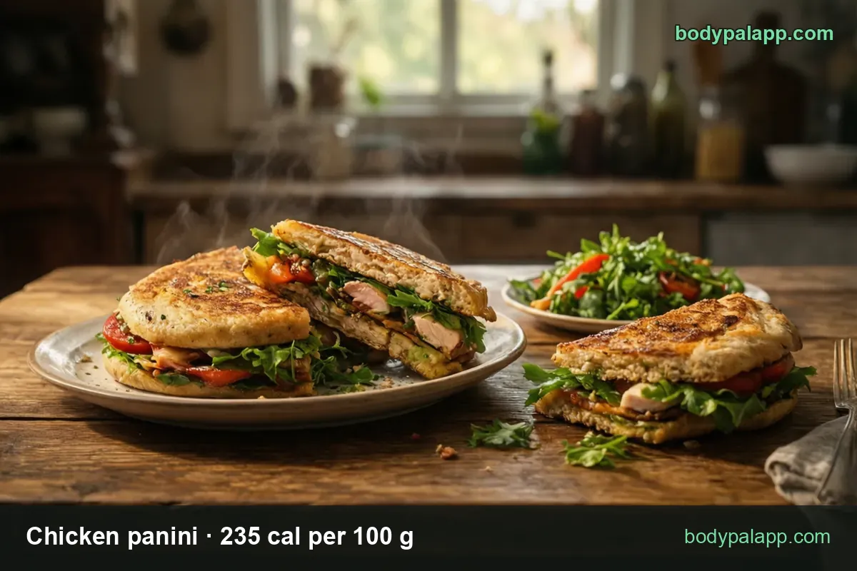 Pressed chicken panini cut in two with chicken, tomato and arugula: 1 panini (161 g) 378 cal, 1/2 panini (80 g) 188 cal.