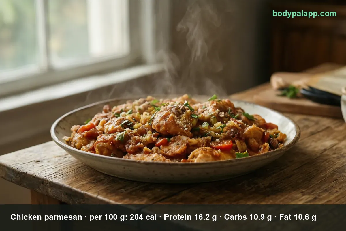Plate of sliced chicken parmesan in tomato sauce with breadcrumbs and parsley, steaming