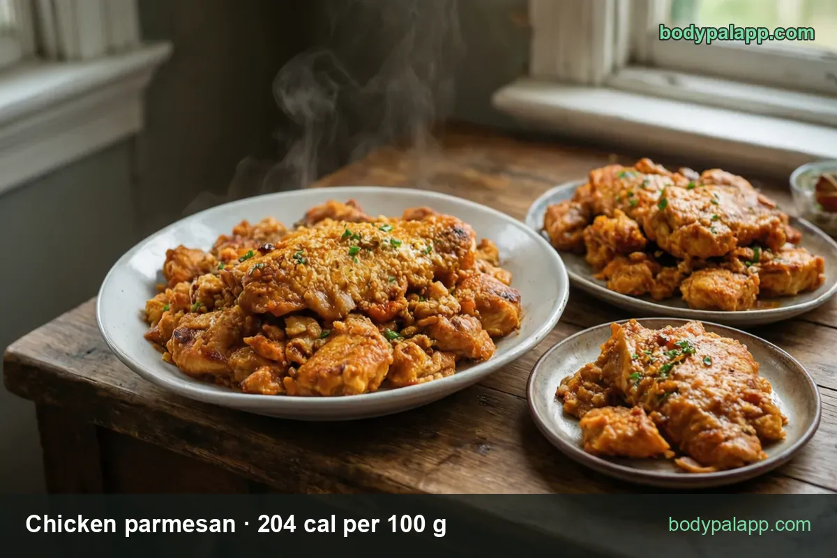 Breaded chicken cutlet over sliced chicken in tomato sauce with a small side plate; chips 301 g 614 cal and 113 g 231 cal