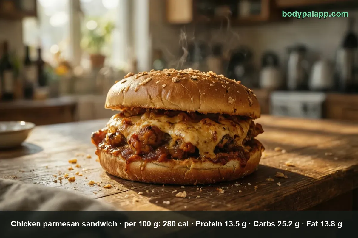 Chicken parmesan sandwich on a round roll with melted cheese and tomato sauce on a wooden board.