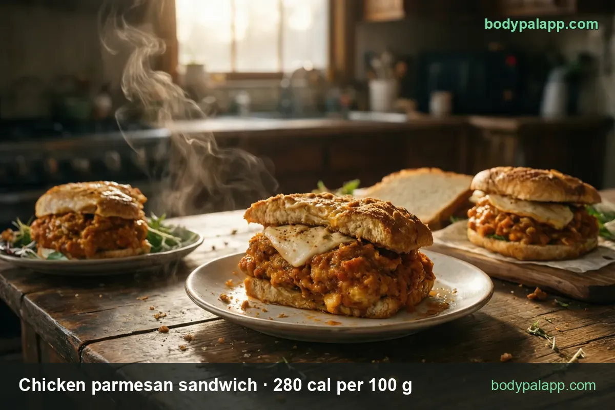 Three chicken parmesan sandwiches, one open on a plate: 1 regular sandwich (161 g) 451 cal and 1 large sandwich (322 g) 902 cal.
