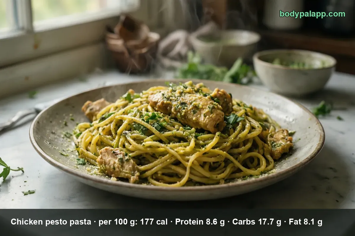 Plate of spaghetti with pesto and pieces of chicken, with a small bowl of pesto behind it.