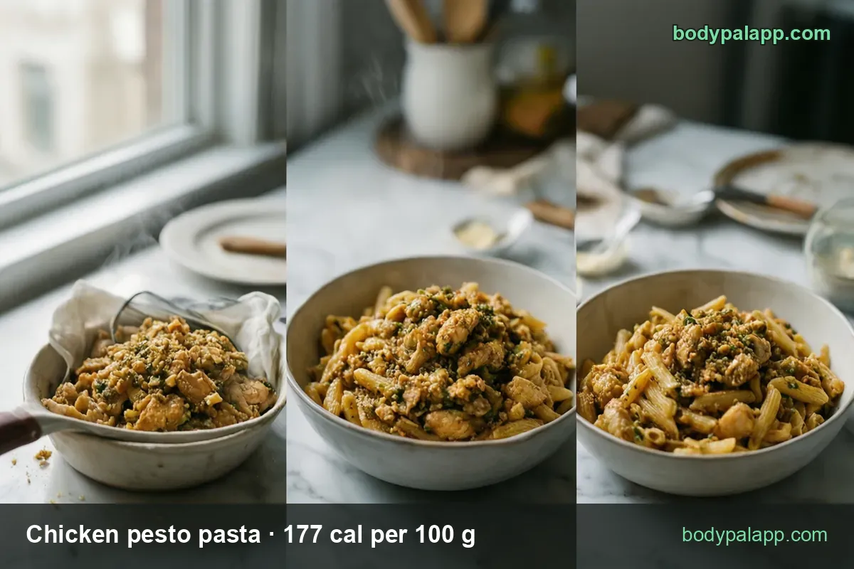 Three panels of chicken pesto penne, a steaming pan and two bowls, with 1 cup (198 g) 350 cal and 1/2 cup (99 g) 175 cal.