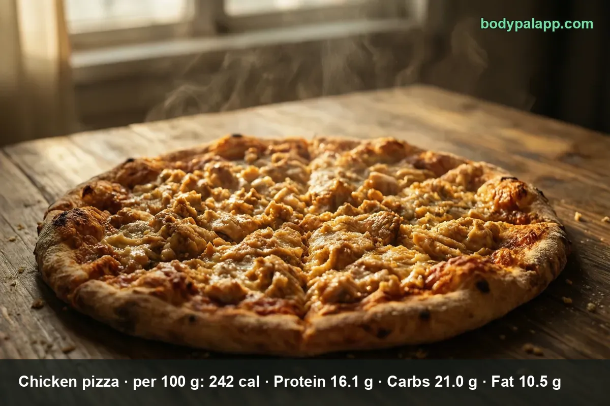 Whole chicken pizza topped only with shredded chicken and melted cheese, no vegetables, on a wooden table.