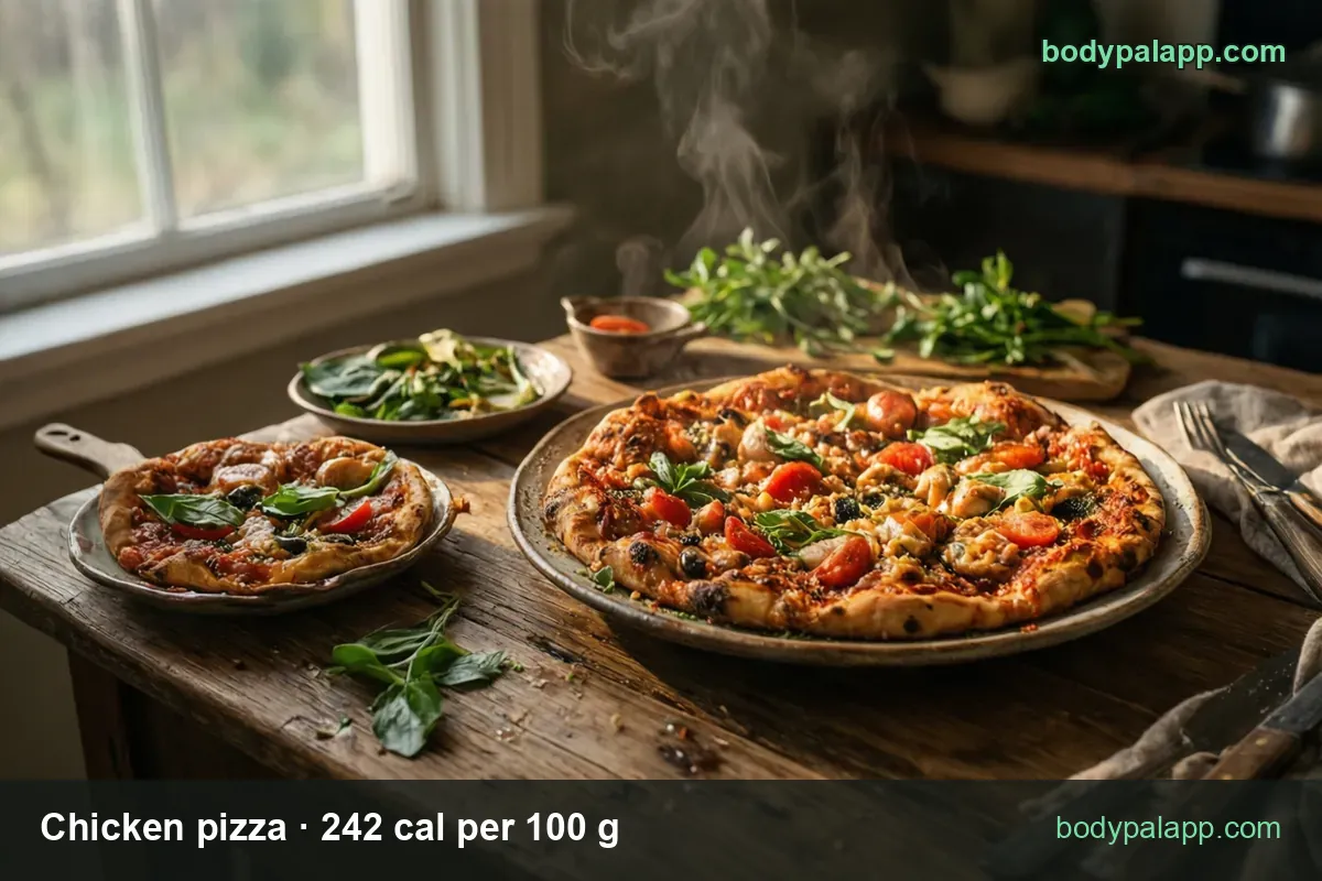 Large chicken pizza with olives, tomatoes and basil on a tray, small personal pizza beside it; 1 slice 150 cal, 1/4 pizza 300 cal.