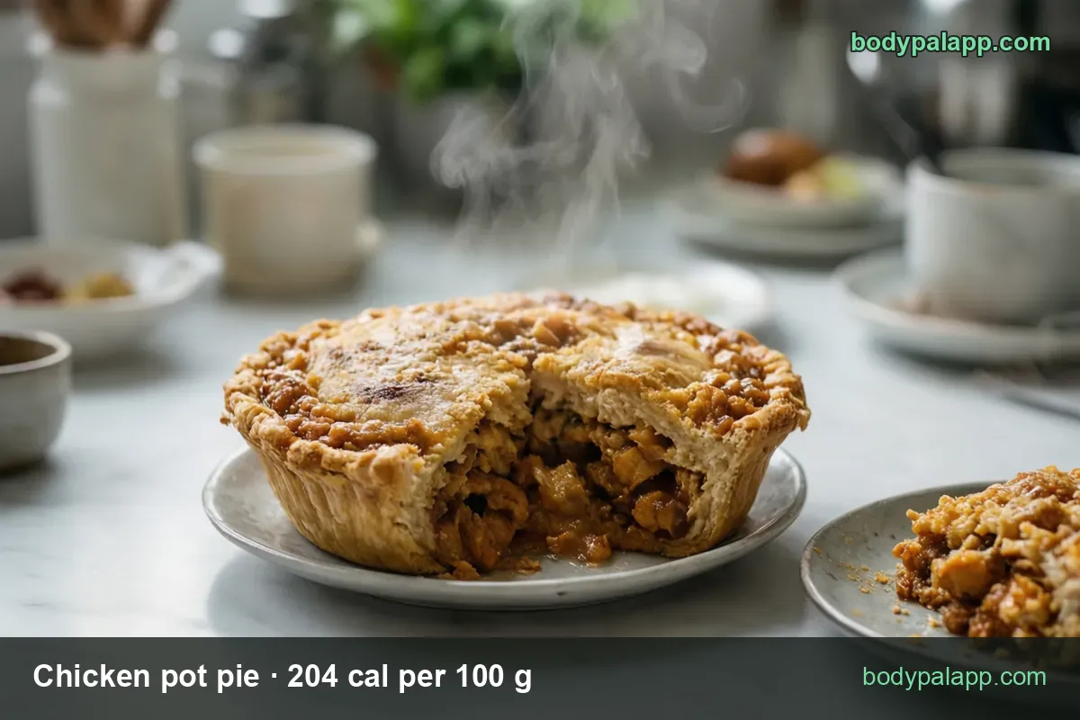 Whole round chicken pot pie with one slice cut out on a plate, steaming, labeled 1 slice 210 g 428 cal and 1 pie 302 g 616 cal.