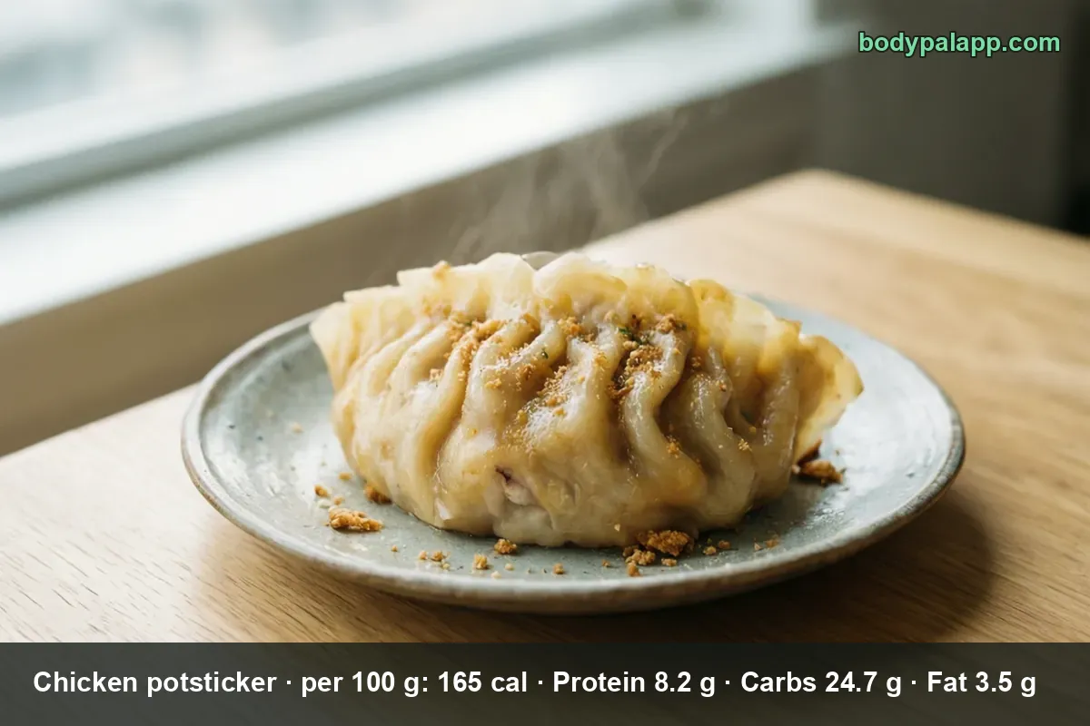 One large steamed chicken potsticker with a pleated wrapper on a plate, sprinkled with crumbs