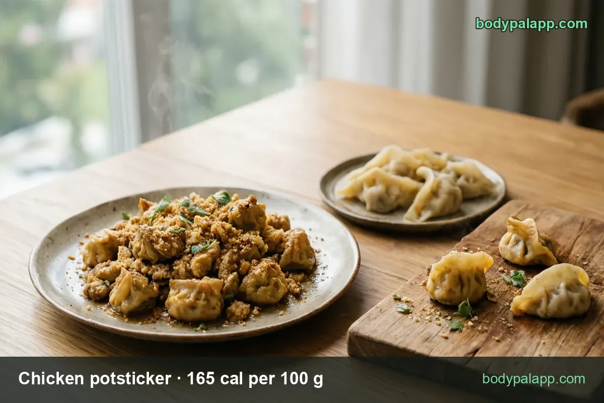 Plate of about ten chicken potstickers with garlic crumbs and scallions; 1 potsticker 28 g 46 cal, 3 potstickers 85 g 140 cal