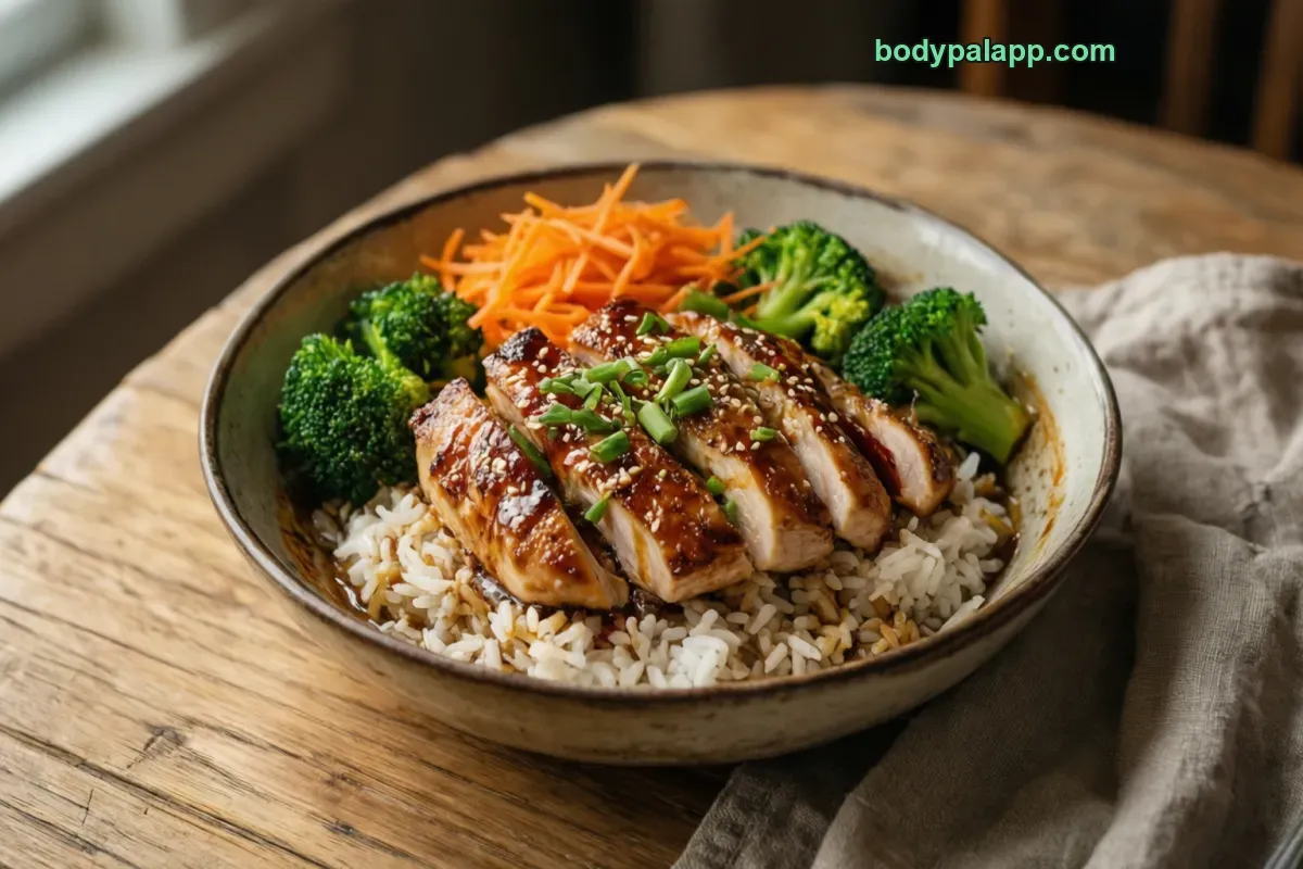 Chicken rice bowl, frozen entree, prepared